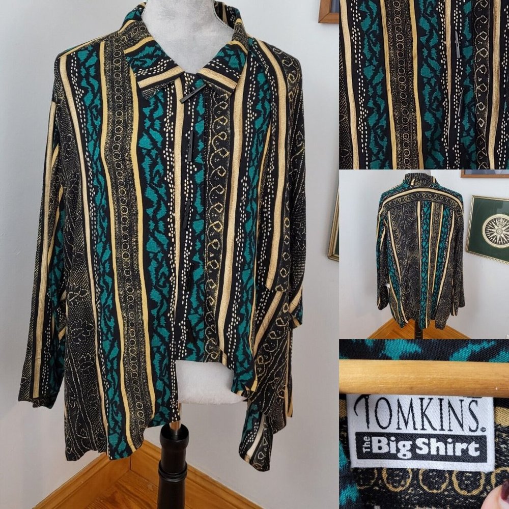 NWT Blue Tan Asymmetrical Loose The Big Shirt Carole Tomkins Santa Fe Size 2XL